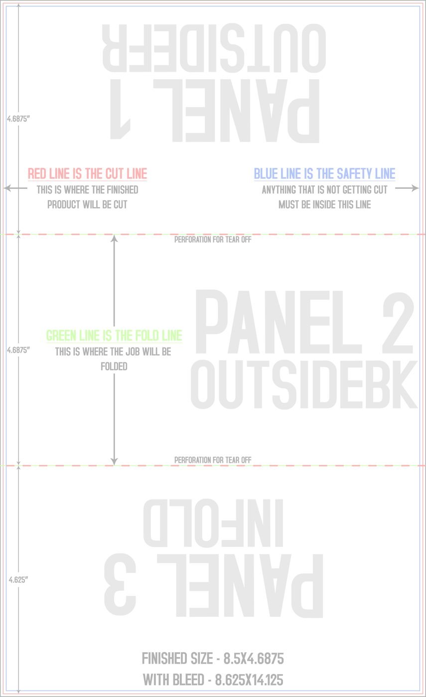 Flyers & Brochures 8.5" x 14" Tri Fold - Letter Fold and Perf on Fold Front/Outside (Vertical) trim, safety and fold template guide