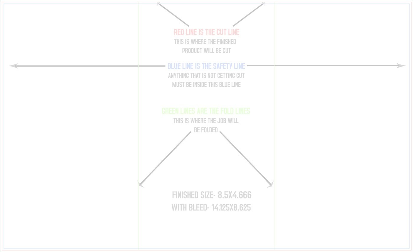 Flyers & Brochures 8.5" x 14" Z Fold (Horizontal) trim, safety and fold template guide