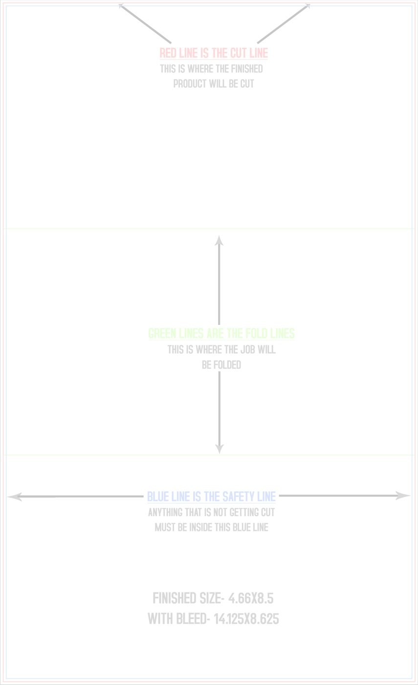 Flyers & Brochures 8.5" x 14" Z Fold (Vertical) trim, safety and fold template guide