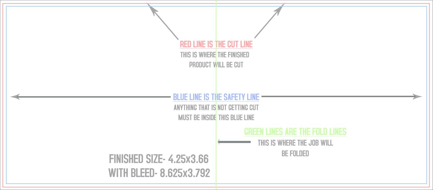 Flyers & Brochures 8.5" x 3.66" Half Fold (Horizontal) Landscape trim, safety and fold template guide