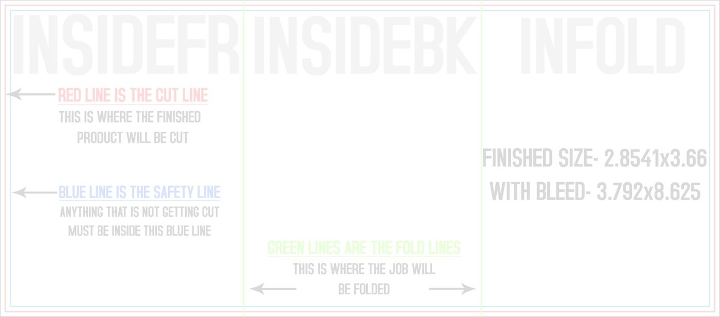 Flyers & Brochures 8.5" x 3.66" Tri Fold Back/Inside (Horizontal) trim, safety and fold template guide