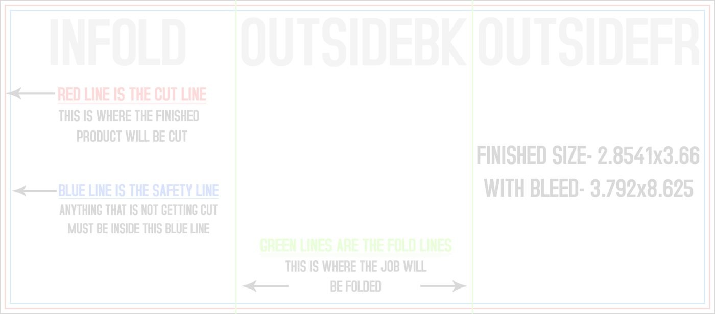 Flyers & Brochures 8.5" x 3.66" Tri Fold Front/Outside (Horizontal) trim, safety and fold template guide