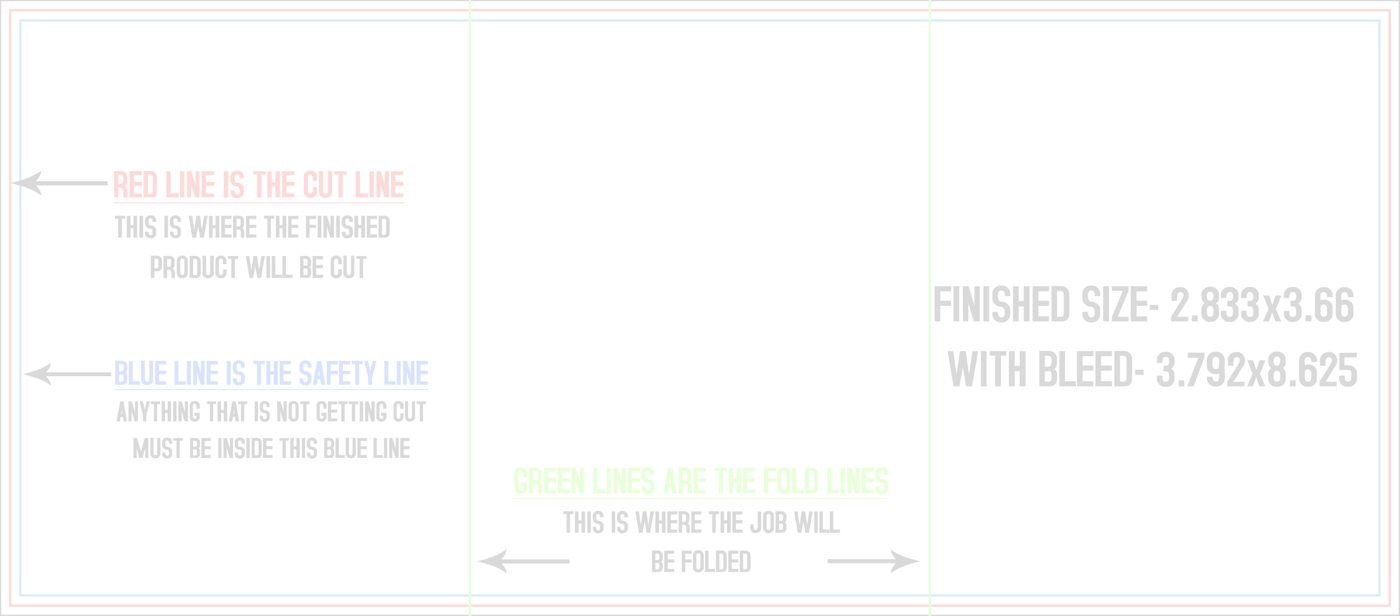 Flyers & Brochures 8.5" x 3.66" Z Fold (Horizontal) trim, safety and fold template guide