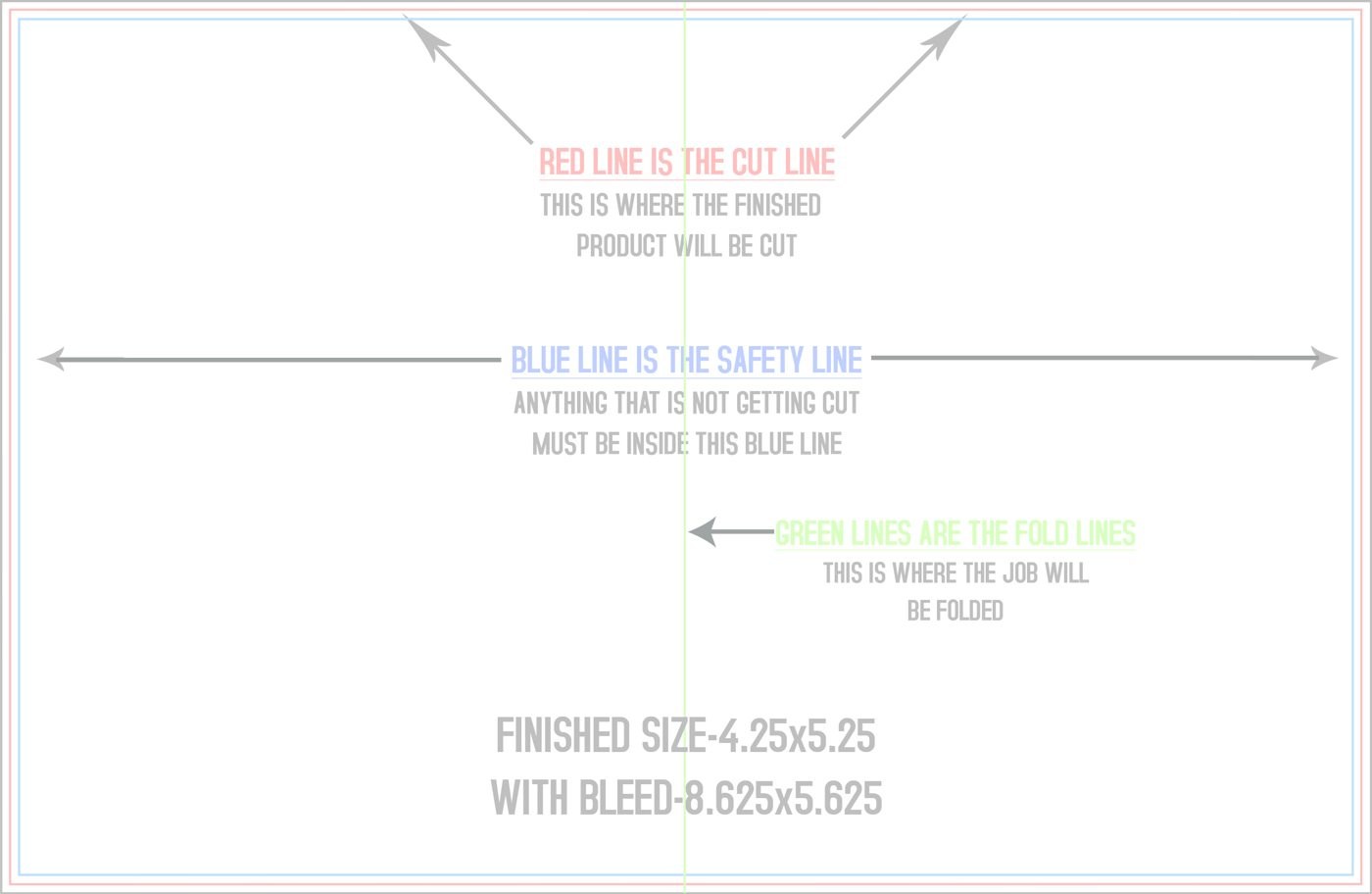 Flyers & Brochures 8.5" x 5.5" Half Fold (Horizontal) Landscape trim, safety and fold template guide