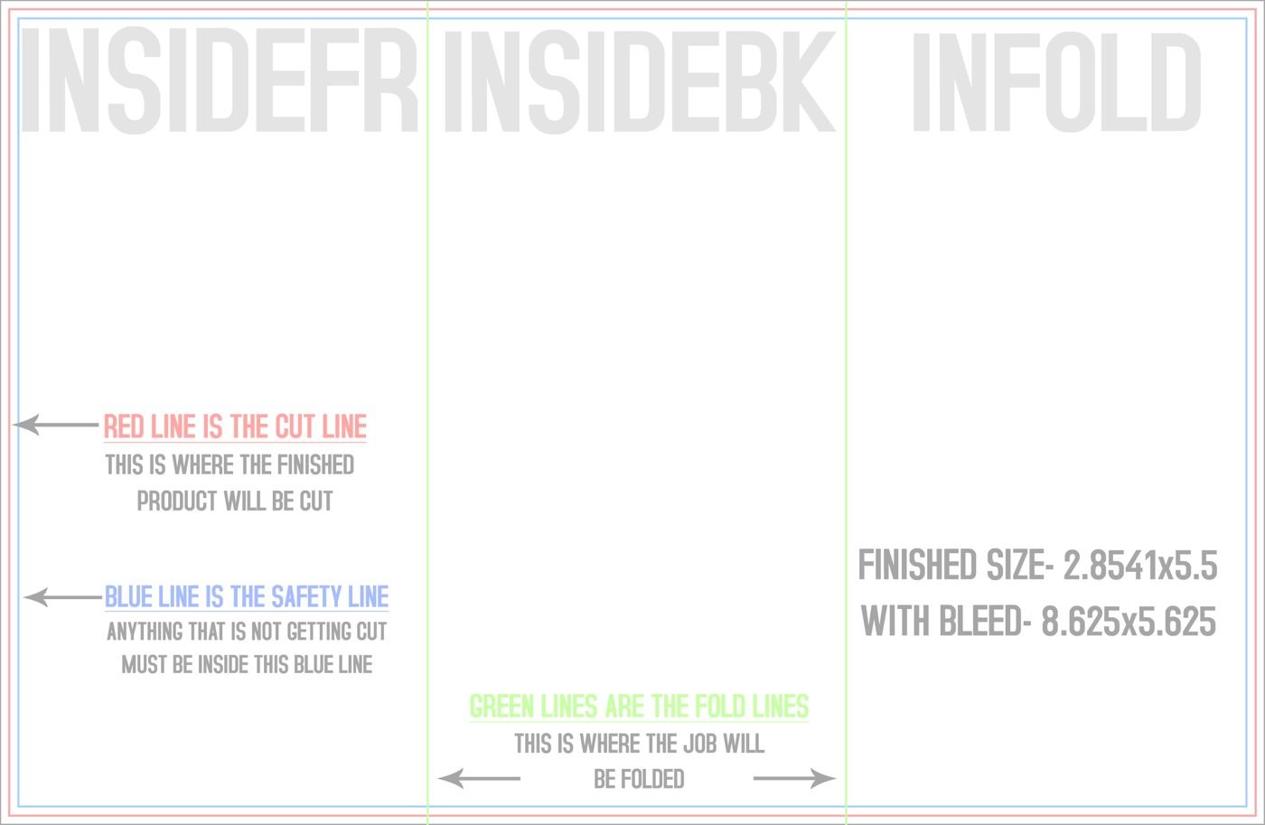 Flyers & Brochures 8.5" x 5.5" Tri Fold Back/Inside (Horizontal) trim, safety and fold template guide