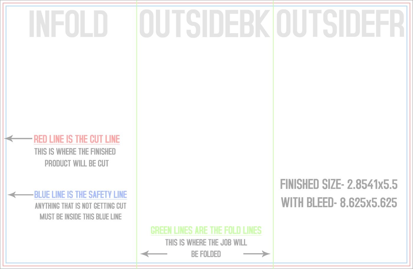 Flyers & Brochures 8.5" x 5.5" Tri Fold Front/Outside (Horizontal) trim, safety and fold template guide