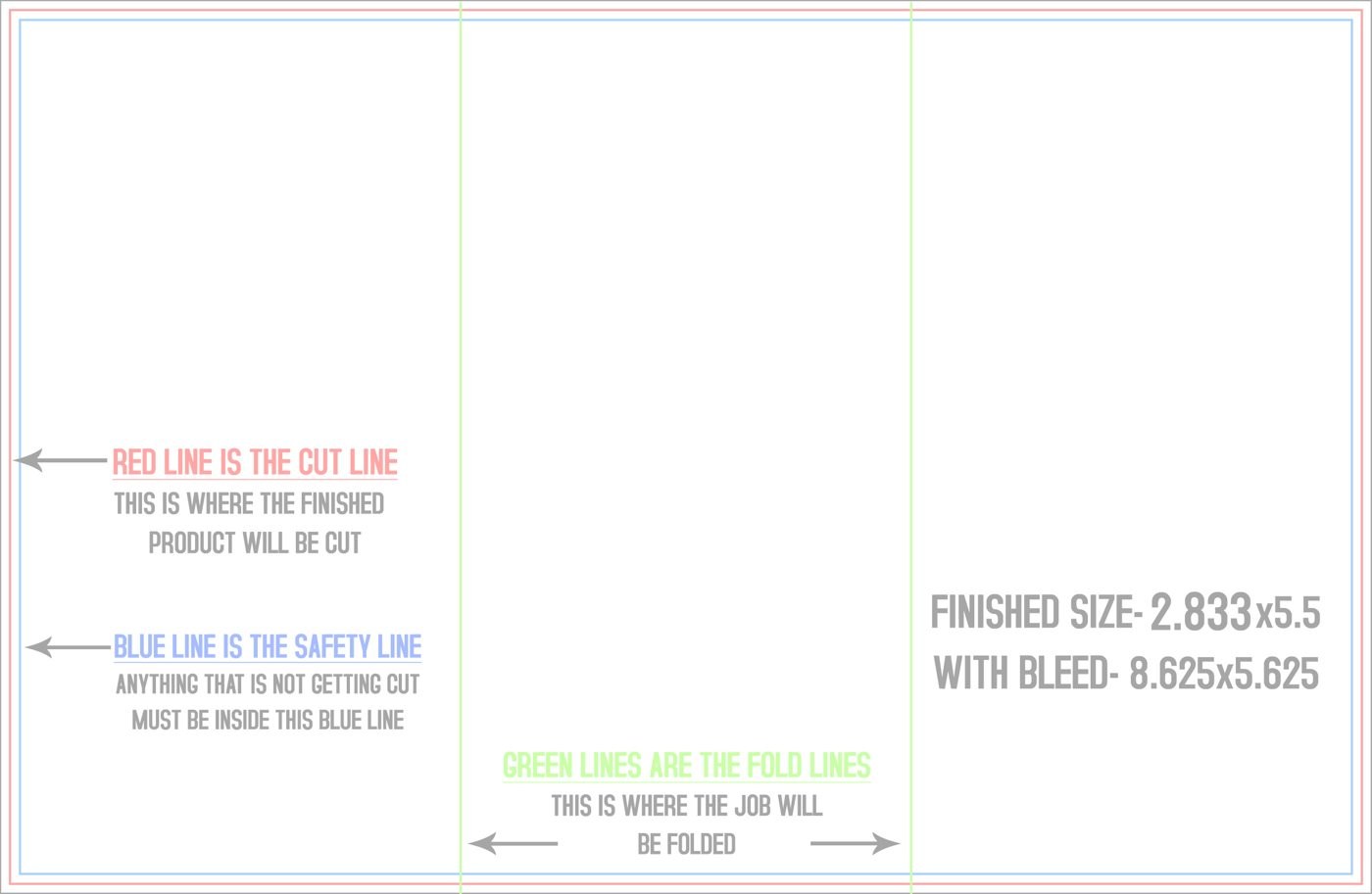 Flyers & Brochures 8.5" x 5.5" Z Fold (Horizontal) trim, safety and fold template guide