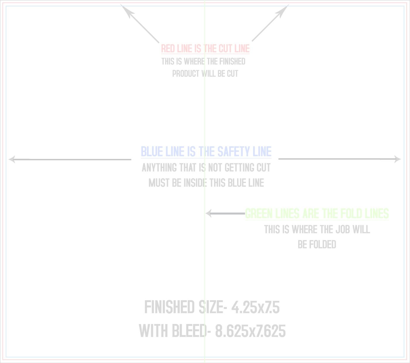 Flyers & Brochures 8.5" x 7.5" Half Fold (Horizontal) Landscape trim, safety and fold template guide