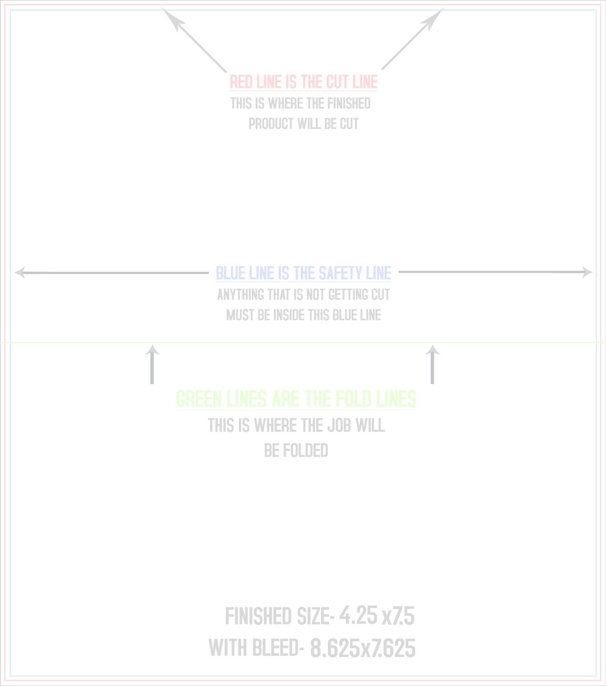 Flyers & Brochures 8.5" x 7.5" Half Fold (Horizontal) Portrait trim, safety and fold template guide