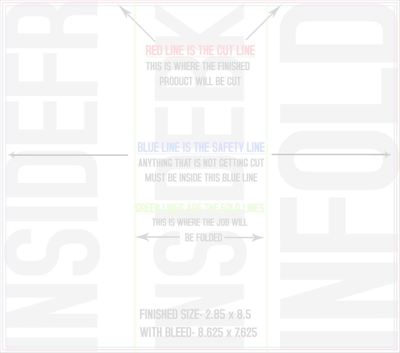 Flyers & Brochures 8.5" x 7.5" Tri Fold Back/Inside (Horizontal) trim, safety and fold template guide