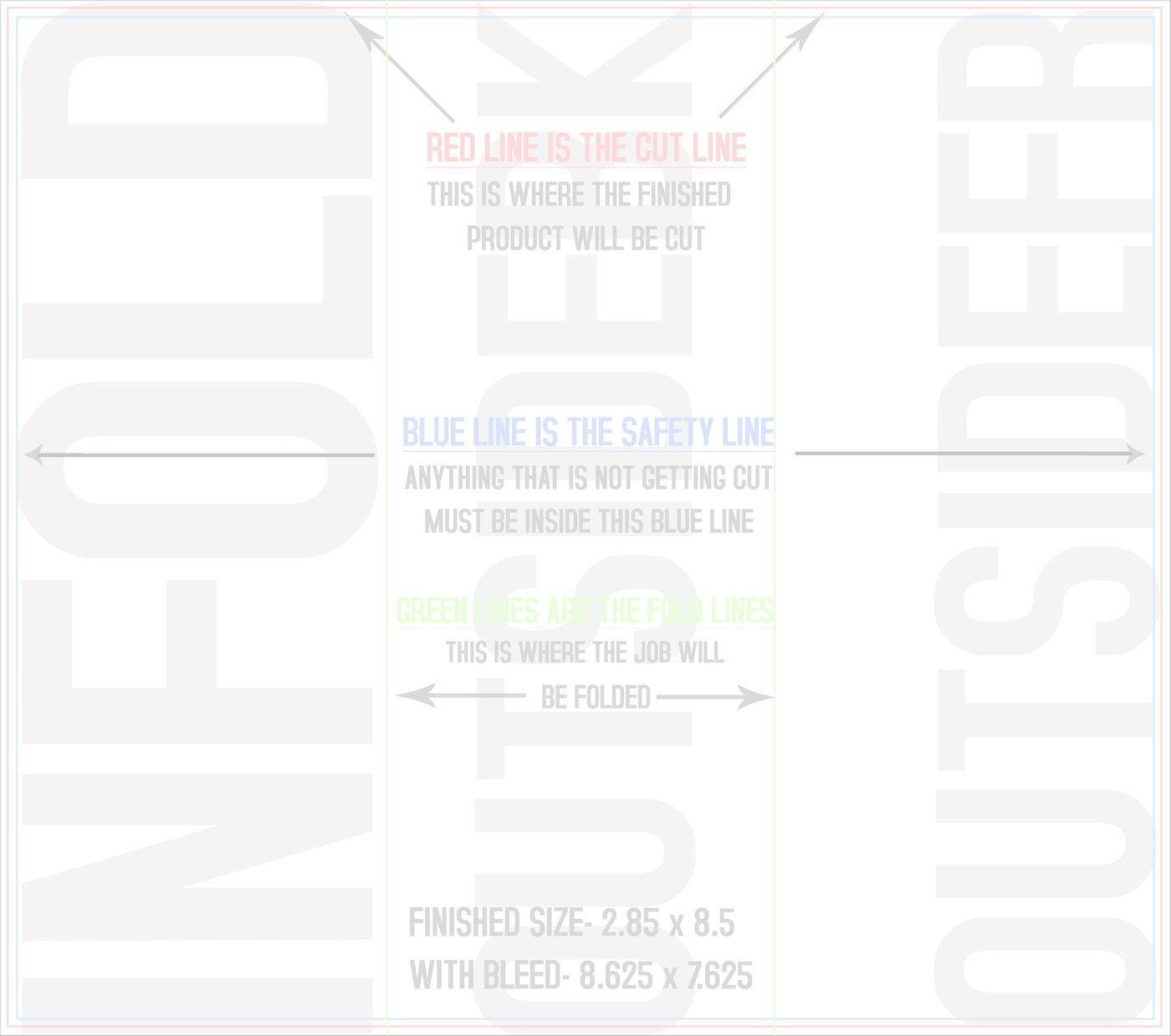 Flyers & Brochures 8.5" x 7.5" Tri Fold Front/Outside (Horizontal) trim, safety and fold template guide