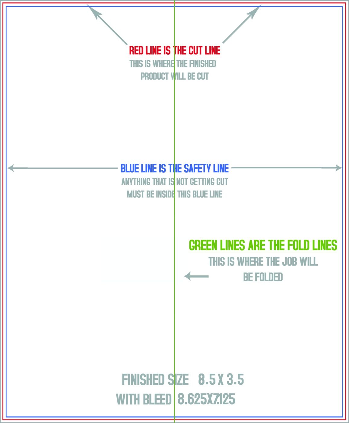 Flyers & Brochures 8.5" x 7" Half Fold (Vertical) Portrait trim, safety and fold template guide