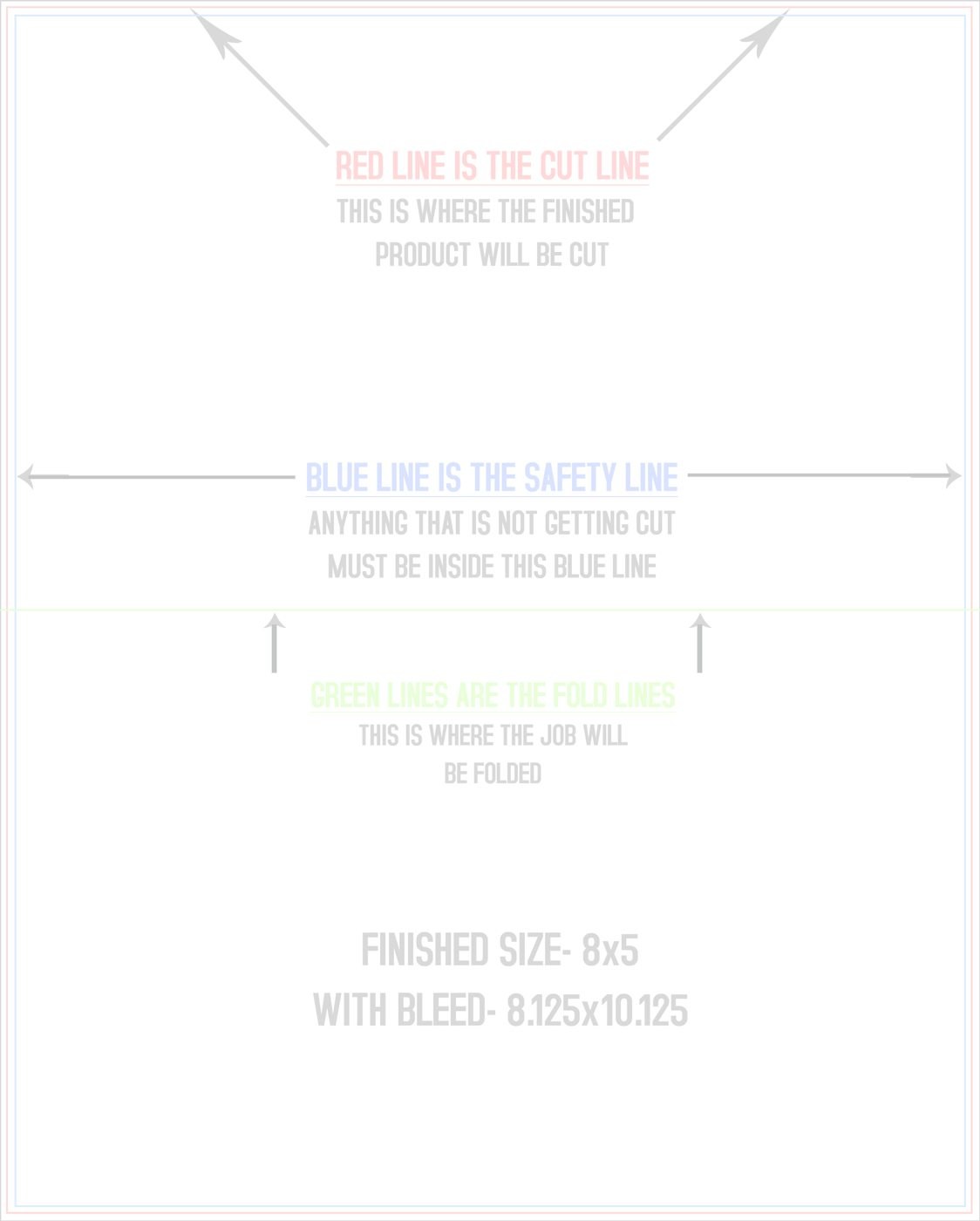 Flyers & Brochures 8" x 10" Half Fold (Horizontal) Portrait trim, safety and fold template guide