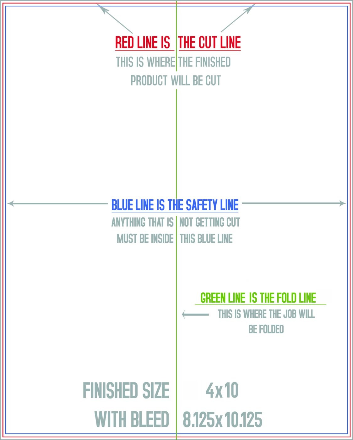 Flyers & Brochures 8" x 10" Half Fold (Vertical) Portrait trim, safety and fold template guide