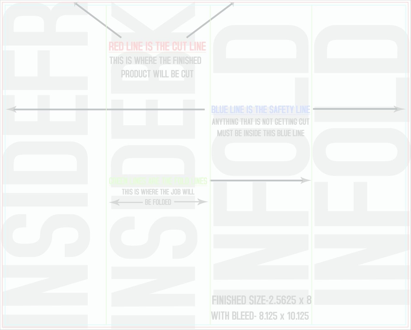 Flyers & Brochures 8" x 10" Roll Fold Back/Inside (Horizontal) trim, safety and fold template guide