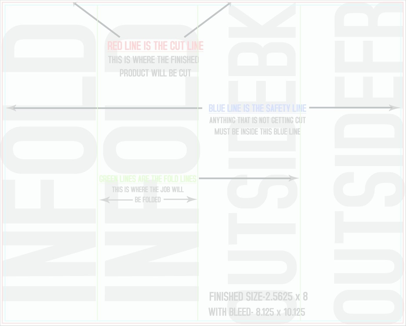 Flyers & Brochures 8" x 10" Roll Fold Front/Outside (Horizontal) trim, safety and fold template guide