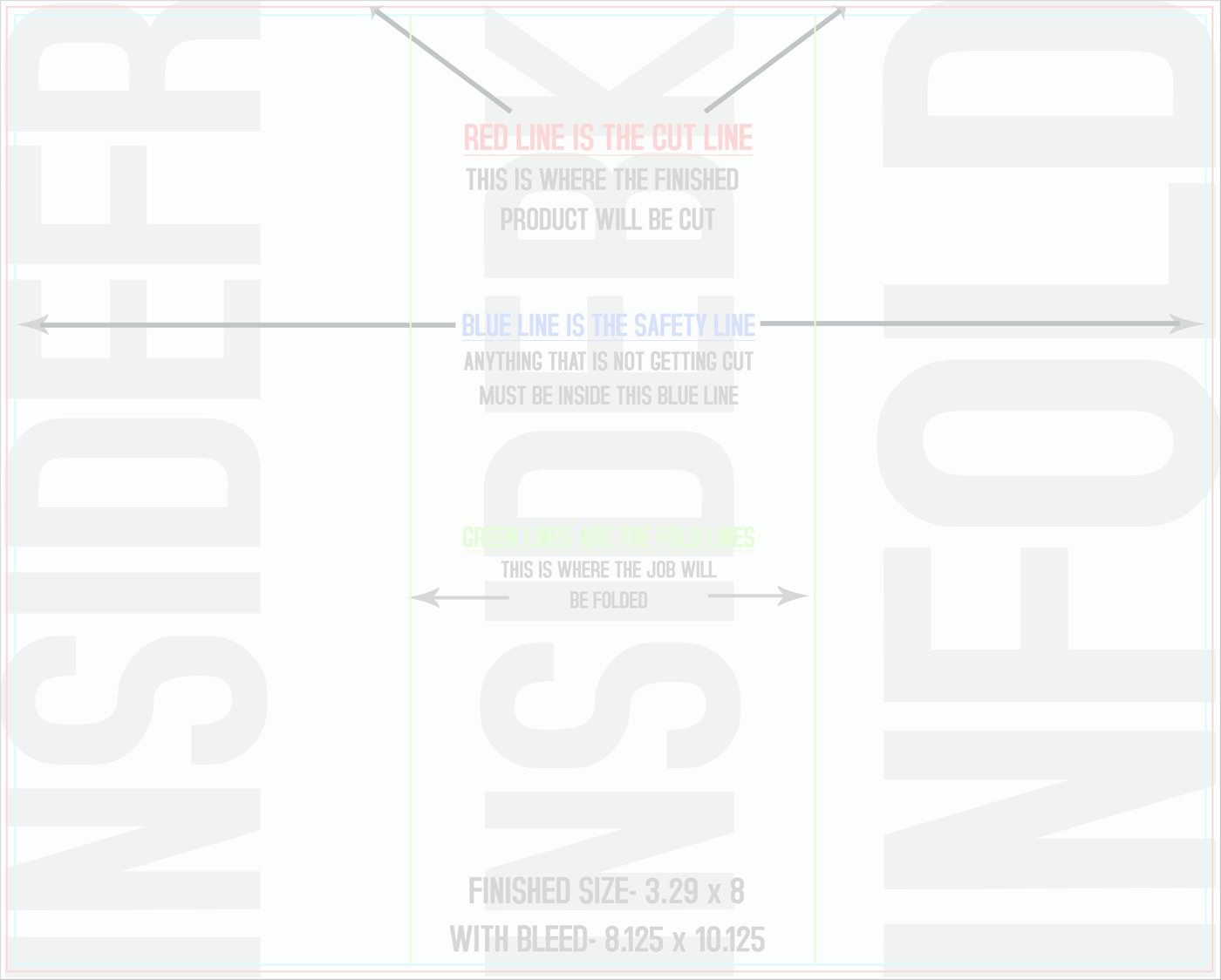 Flyers & Brochures 8" x 10" Tri Fold Back/Inside (Horizontal) trim, safety and fold template guide