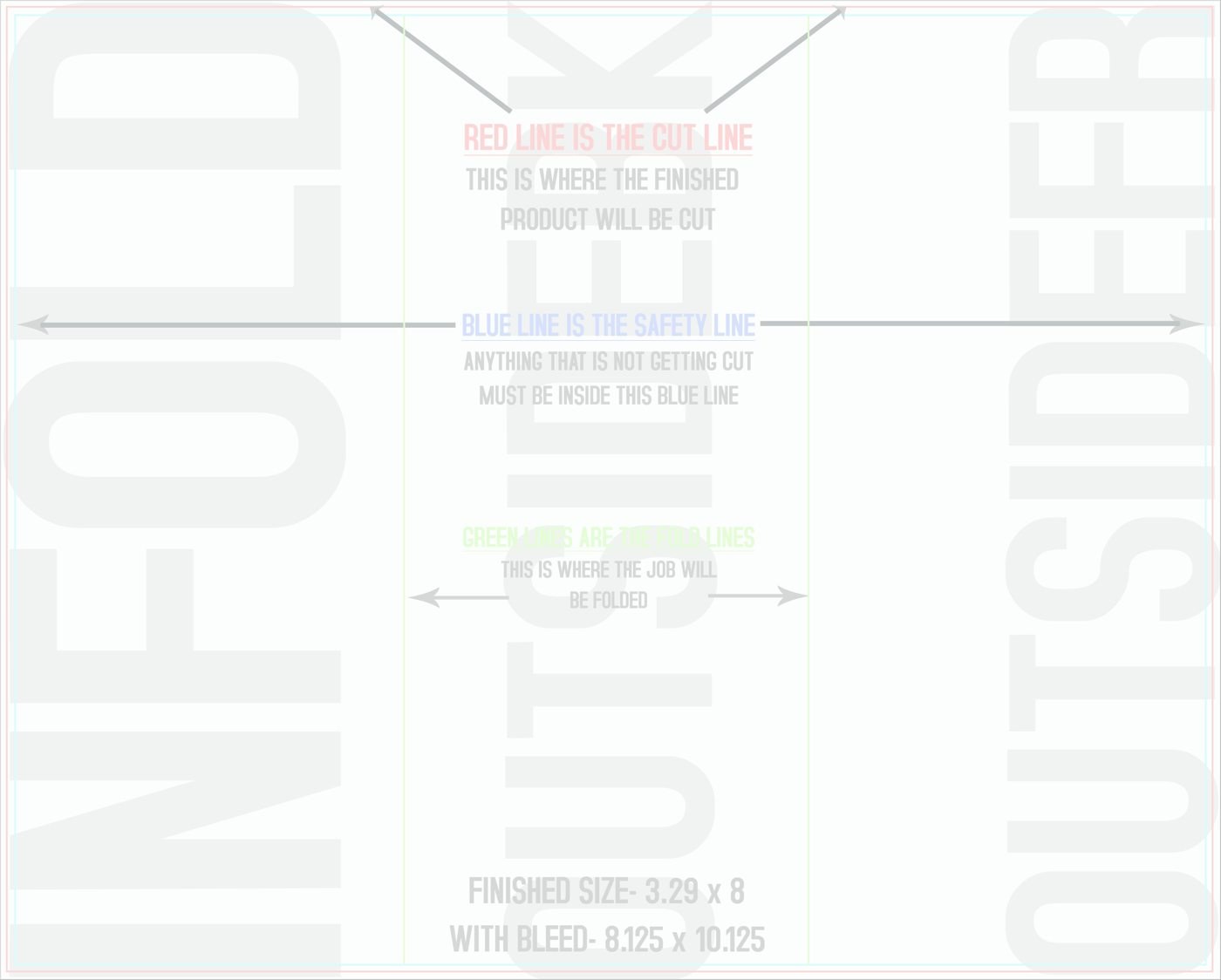 Flyers & Brochures 8" x 10" Tri Fold Front/Outside (Horizontal) trim, safety and fold template guide