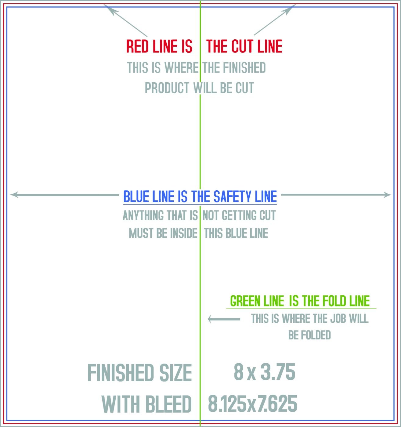 Flyers & Brochures 8" x 7.5" Half Fold (Vertical) Portrait trim, safety and fold template guide