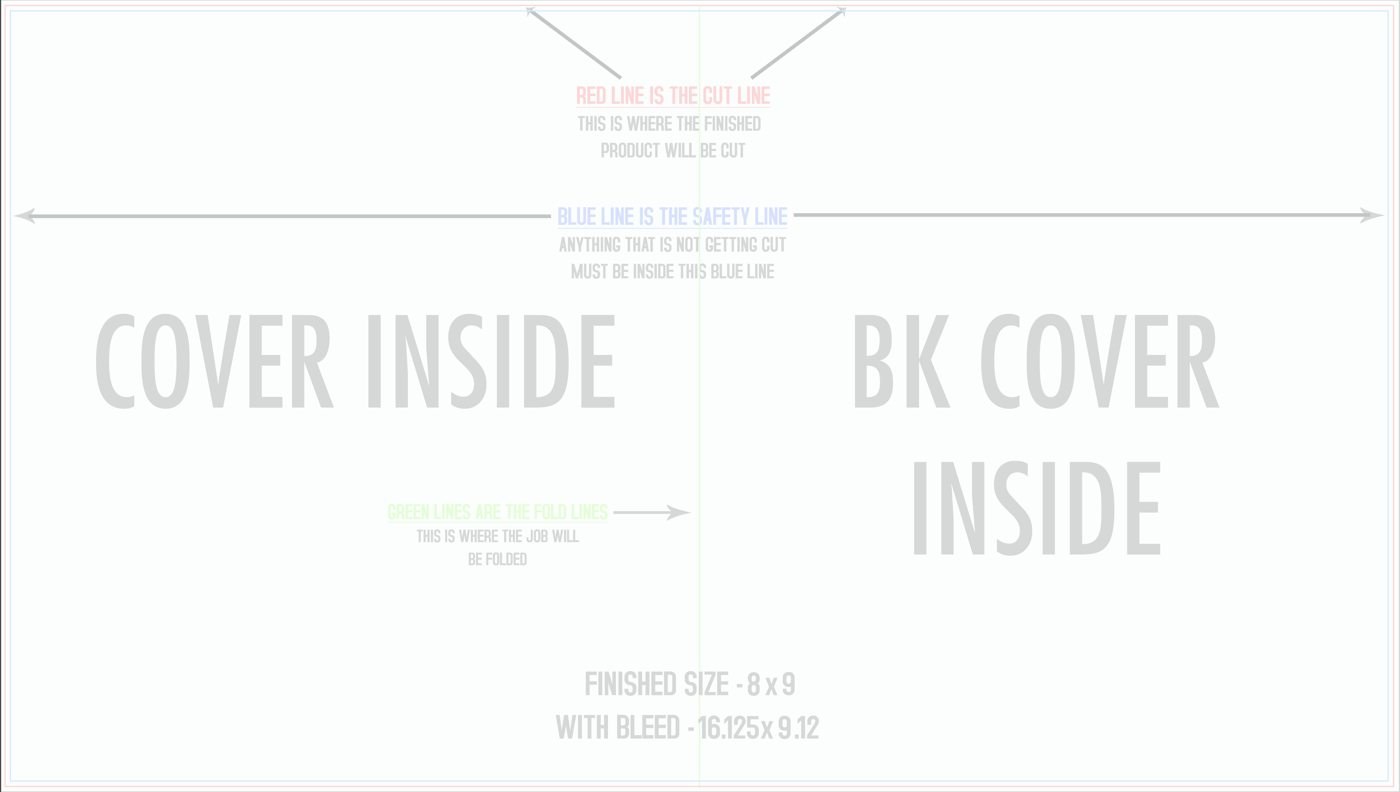 Flyers & Brochures 8" x 9" 4 Page (16" x 9") Back/Inside (Horizontal) trim, safety and fold template guide