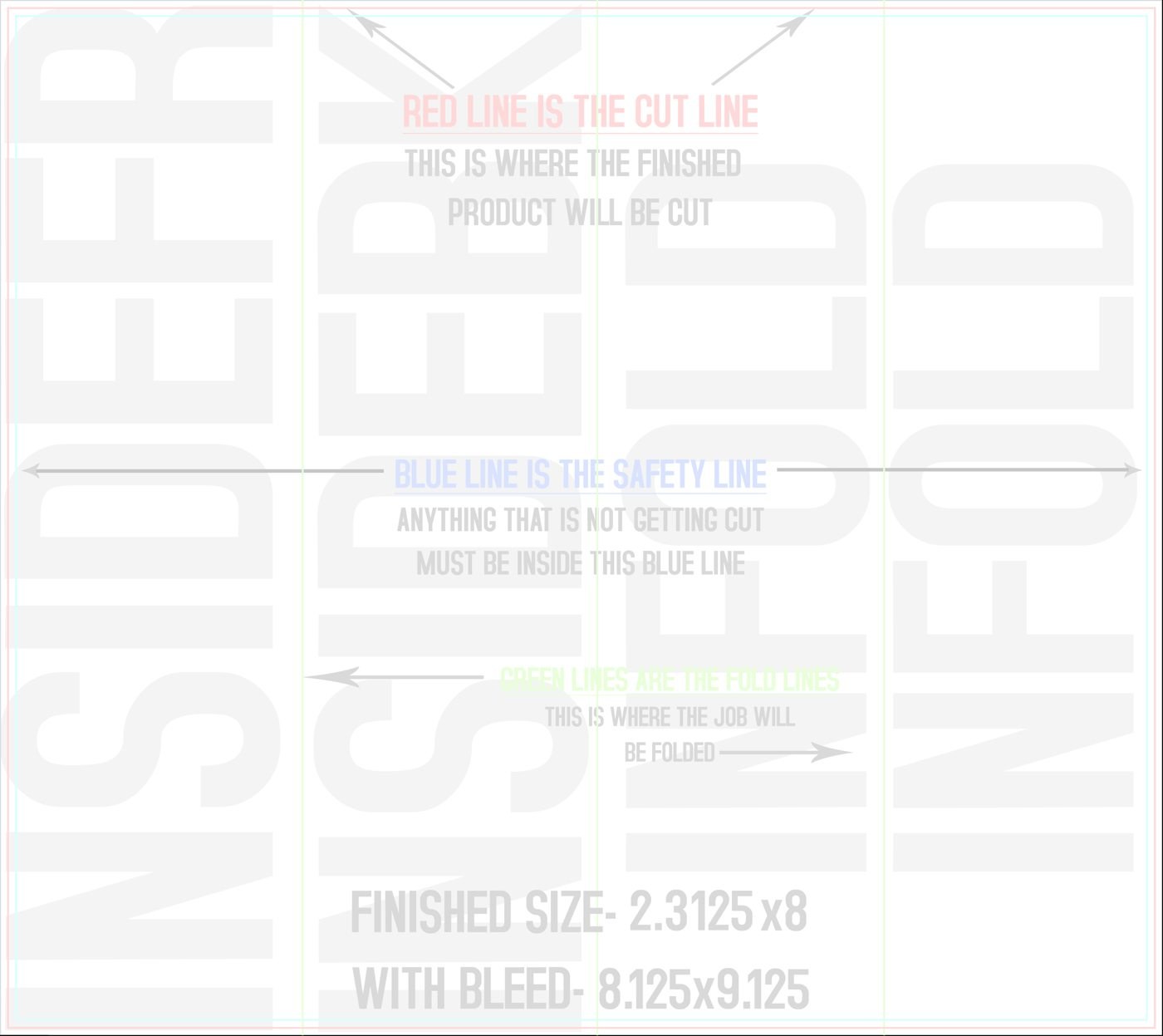 Flyers & Brochures 8" x 9" Roll Fold Back/Inside (Horizontal) trim, safety and fold template guide