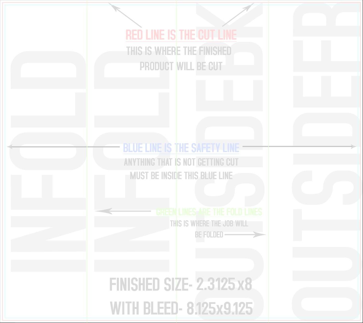 Flyers & Brochures 8" x 9" Roll Fold Front/Outside (Horizontal) trim, safety and fold template guide