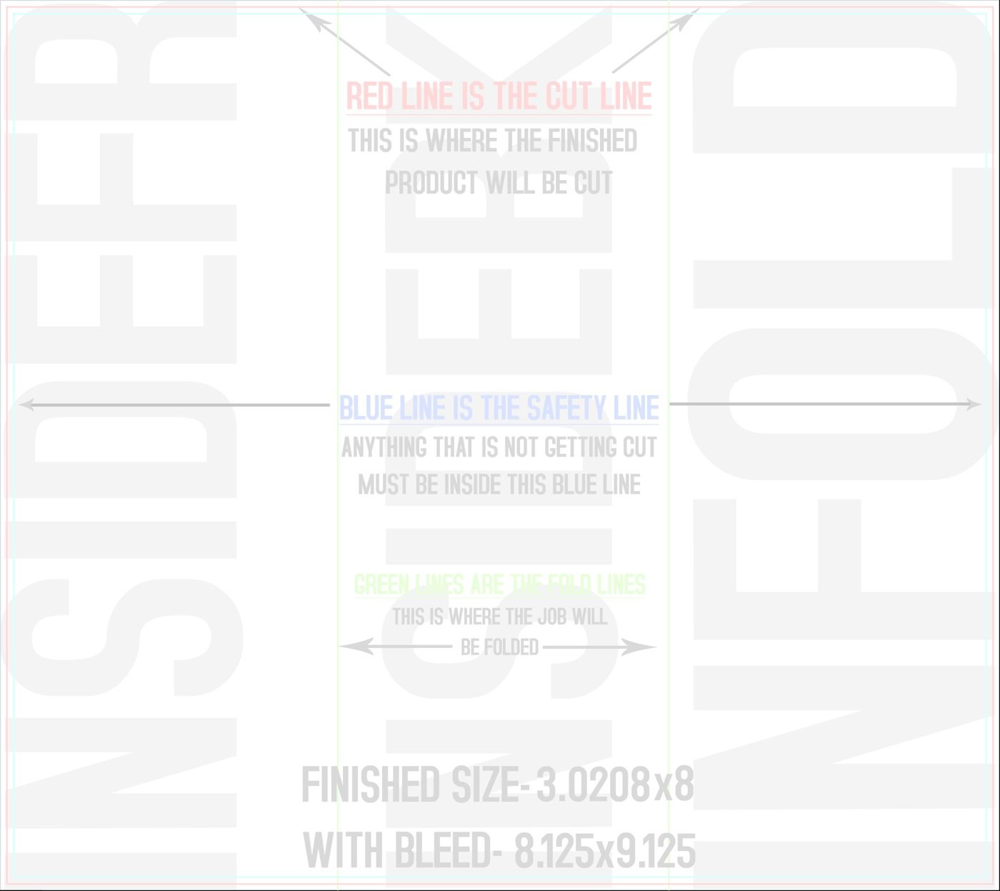 Flyers & Brochures 8" x 9" Tri Fold Back/Inside (Horizontal) trim, safety and fold template guide