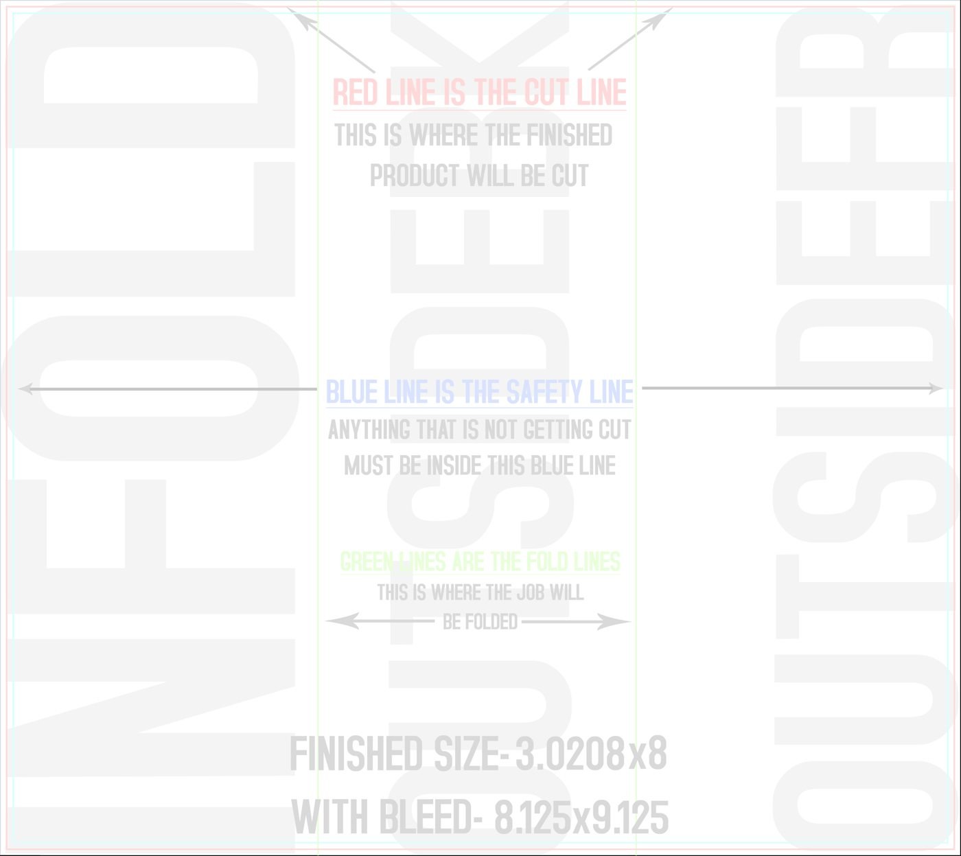 Flyers & Brochures 8" x 9" Tri Fold Front/Outside (Horizontal) trim, safety and fold template guide