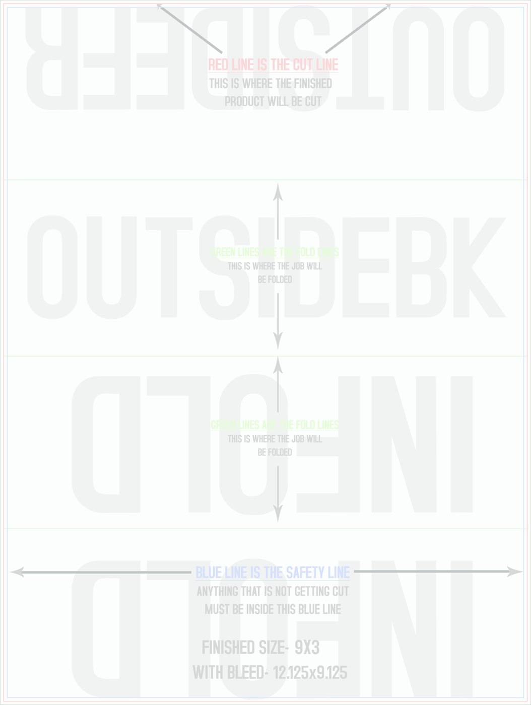Flyers & Brochures 9" x 12" Double Parallel Fold Front/Outside (Vertical) trim, safety and fold template guide