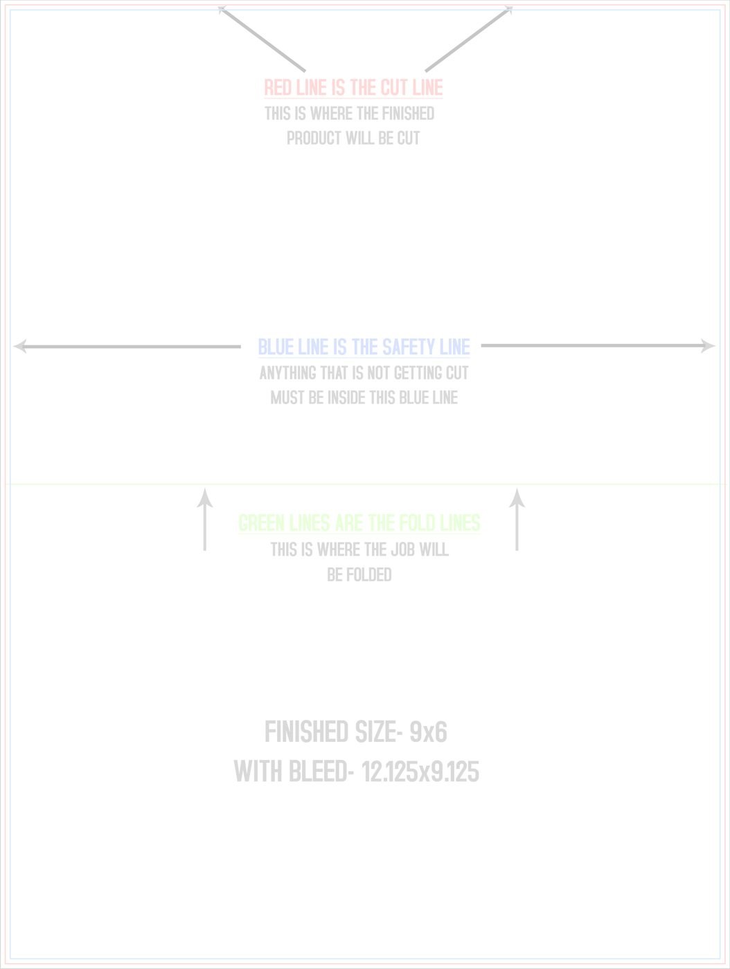 Flyers & Brochures 9" x 12" Half Fold (Horizontal) Portrait trim, safety and fold template guide