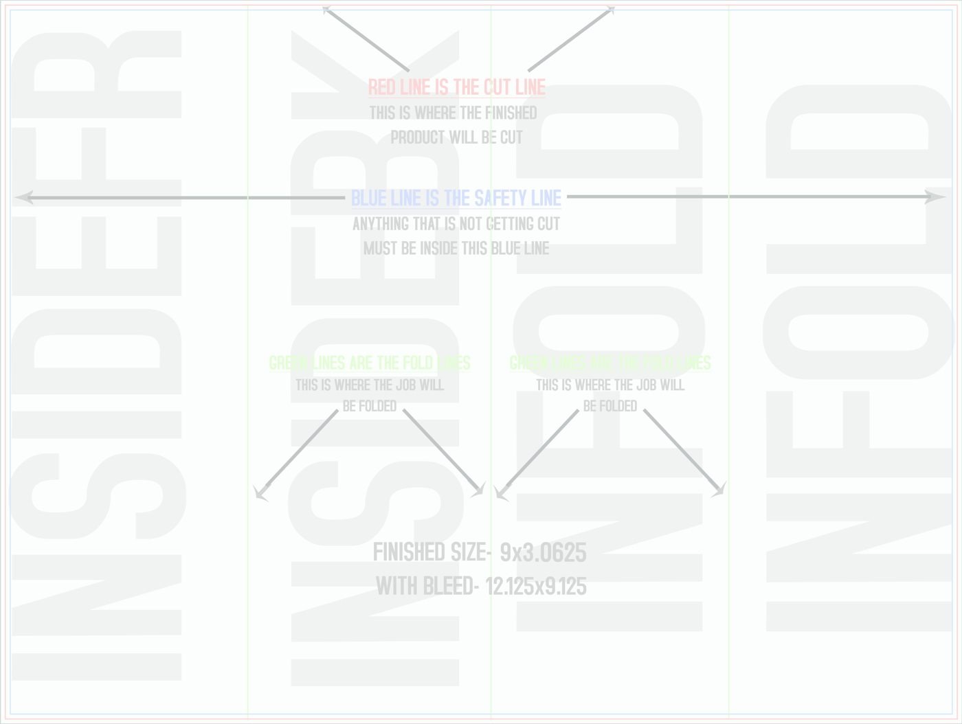 Flyers & Brochures 9" x 12" Roll Fold Back/Inside (Horizontal) trim, safety and fold template guide
