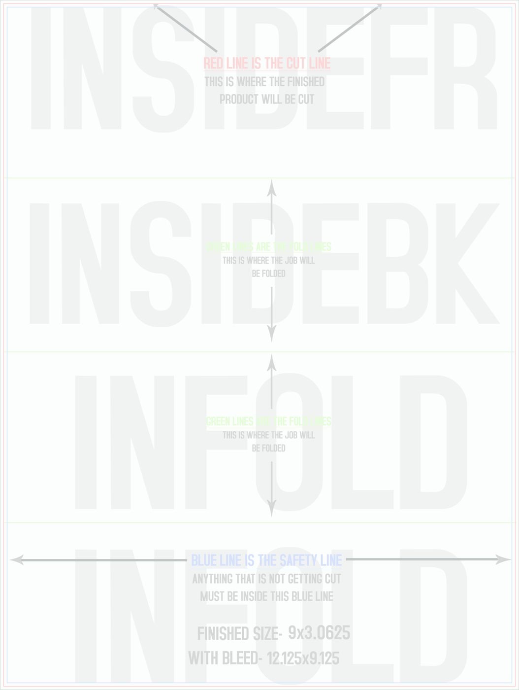 Flyers & Brochures 9" x 12" Roll Fold Back/Inside (Vertical) trim, safety and fold template guide