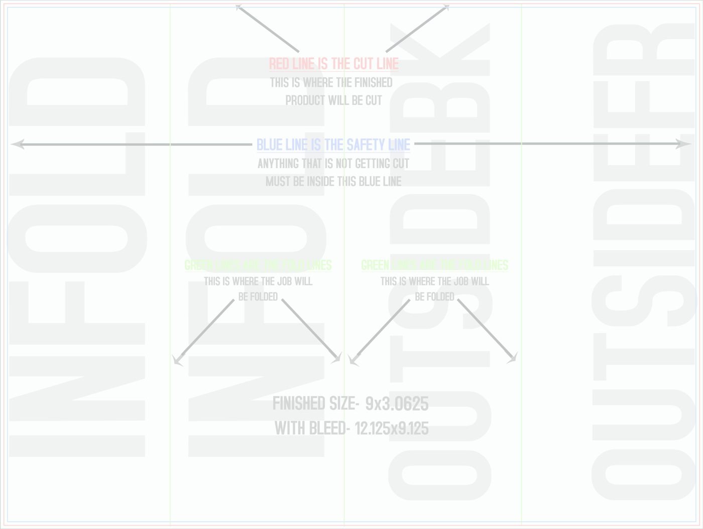 Flyers & Brochures 9" x 12" Roll Fold Front/Outside (Horizontal) trim, safety and fold template guide