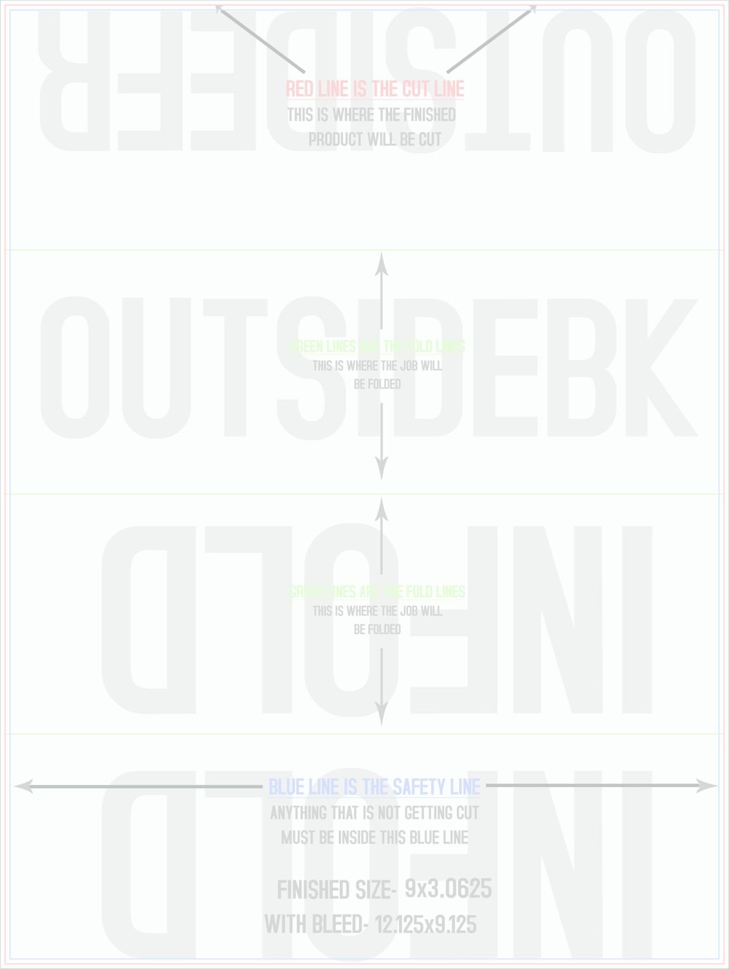 Flyers & Brochures 9" x 12" Roll Fold Front/Outside (Vertical) trim, safety and fold template guide