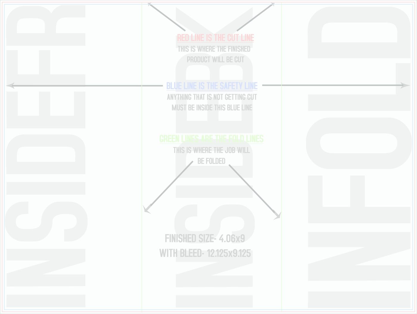Flyers & Brochures 9" x 12" Tri Fold Back/Inside (Horizontal) trim, safety and fold template guide