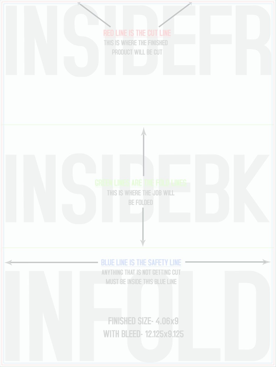 Flyers & Brochures 9" x 12" Tri Fold Back/Inside (Vertical) trim, safety and fold template guide