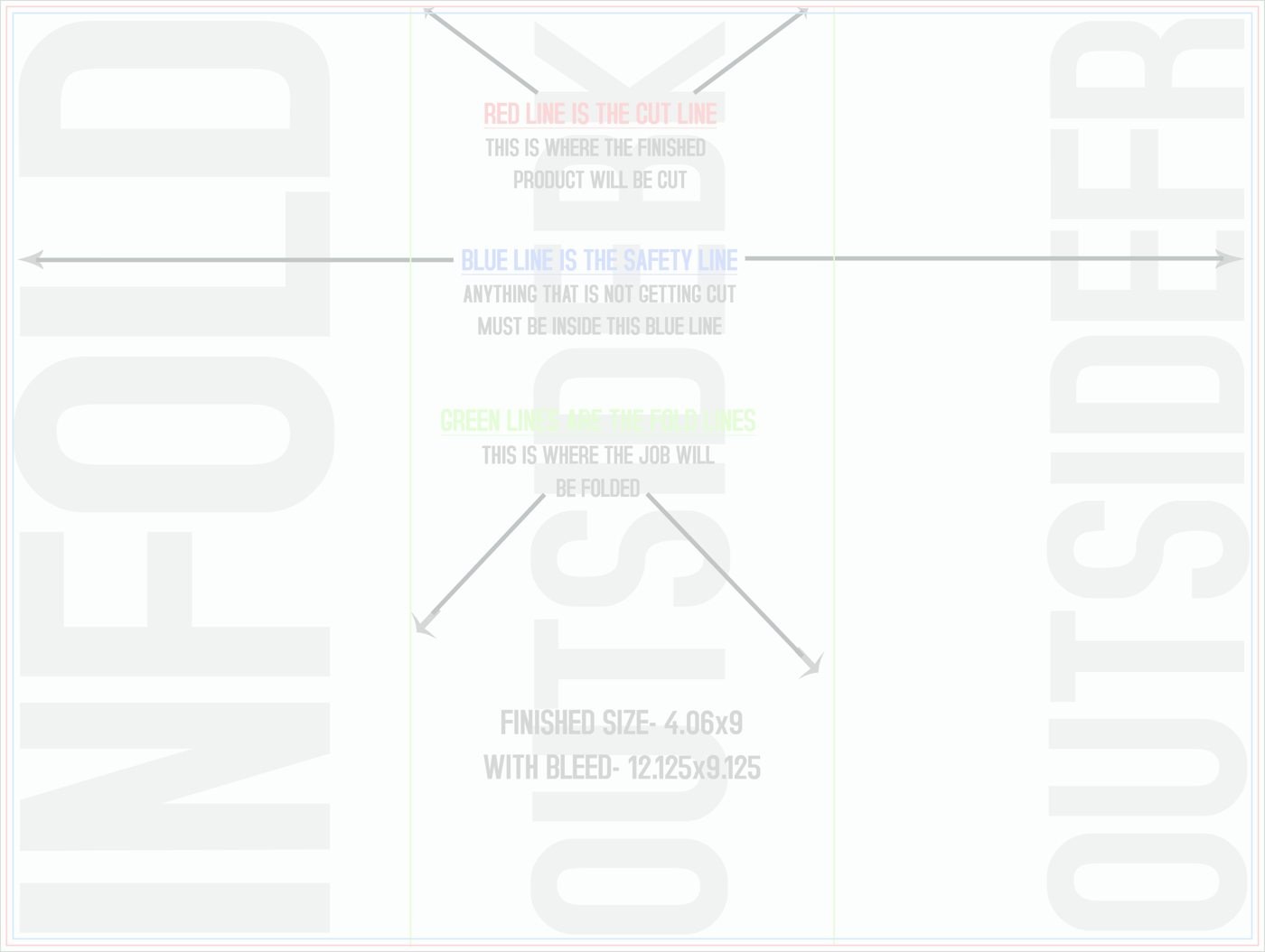 Flyers & Brochures 9" x 12" Tri Fold Front/Outside (Horizontal) trim, safety and fold template guide