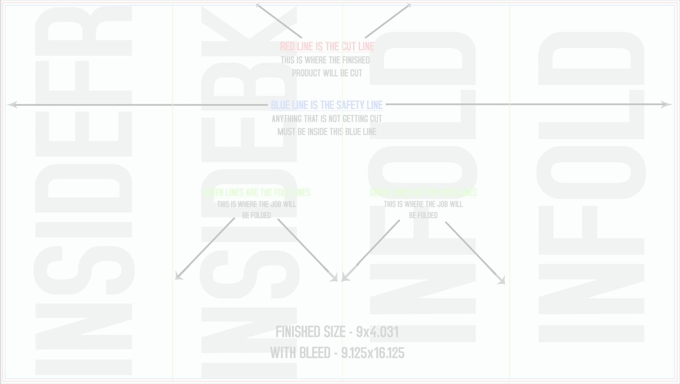 Flyers & Brochures 9" x 16" Double Parallel Fold Back/Inside (Horizontal) trim, safety and fold template guide