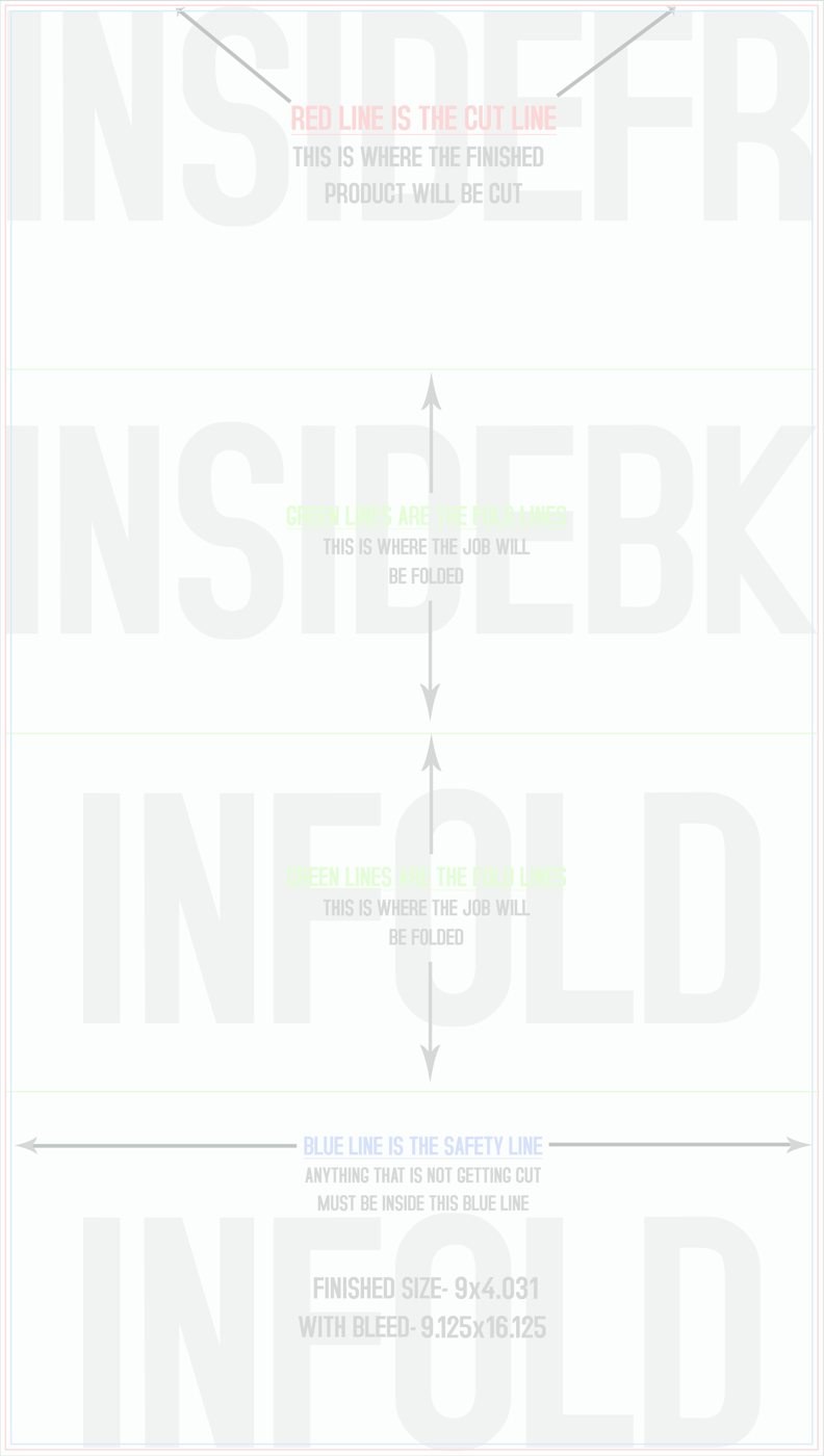 Flyers & Brochures 9" x 16" Double Parallel Fold Back/Inside (Vertical) trim, safety and fold template guide