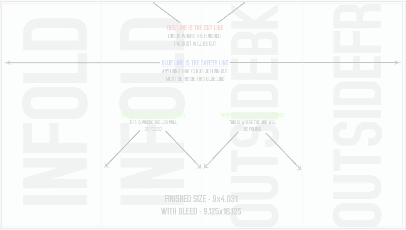 Flyers & Brochures 9" x 16" Double Parallel Fold Front/Outside (Horizontal) trim, safety and fold template guide