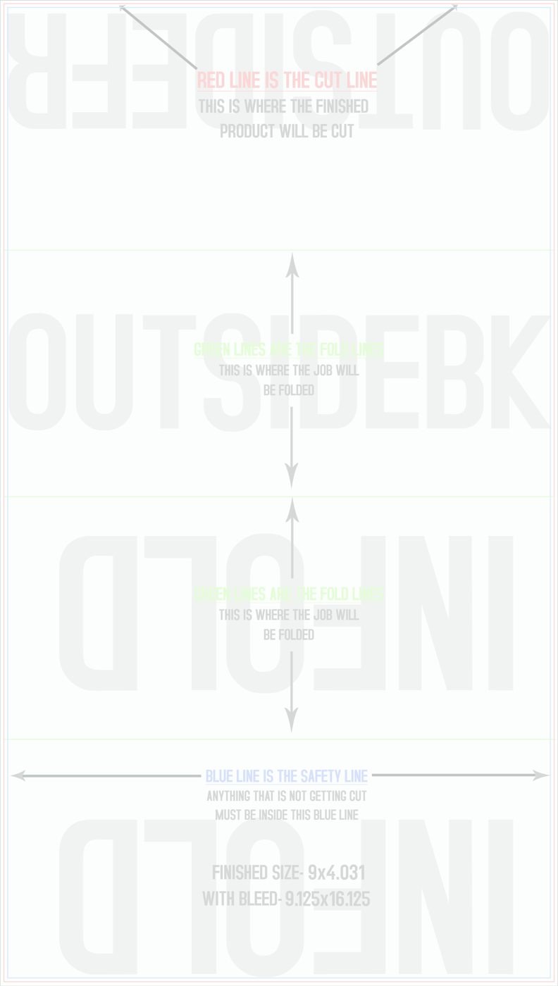 Flyers & Brochures 9" x 16" Double Parallel Fold Front/Outside (Vertical) trim, safety and fold template guide