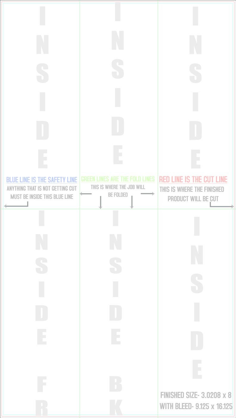 Flyers & Brochures 9" x 16" Half Fold - Tri Fold Back/Inside trim, safety and fold template guide