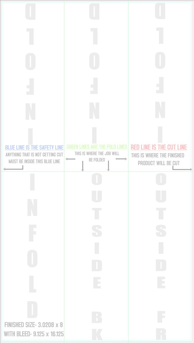 Flyers & Brochures 9" x 16" Half Fold - Tri Fold Front/Outside trim, safety and fold template guide