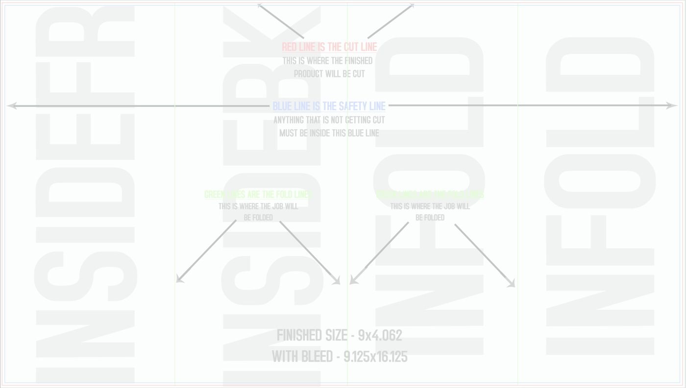 Flyers & Brochures 9" x 16" Roll Fold Back/Inside (Horizontal) trim, safety and fold template guide