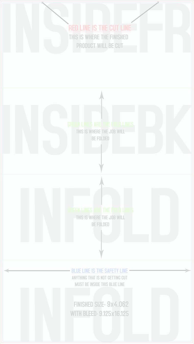 Flyers & Brochures 9" x 16" Roll Fold Back/Inside (Vertical) trim, safety and fold template guide