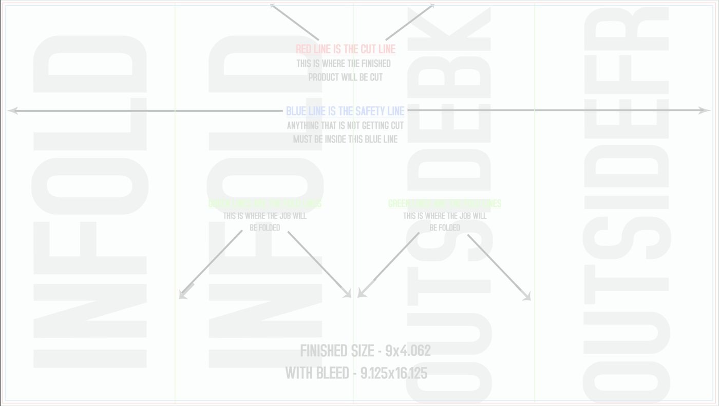 Flyers & Brochures 9" x 16" Roll Fold Front/Outside (Horizontal) trim, safety and fold template guide