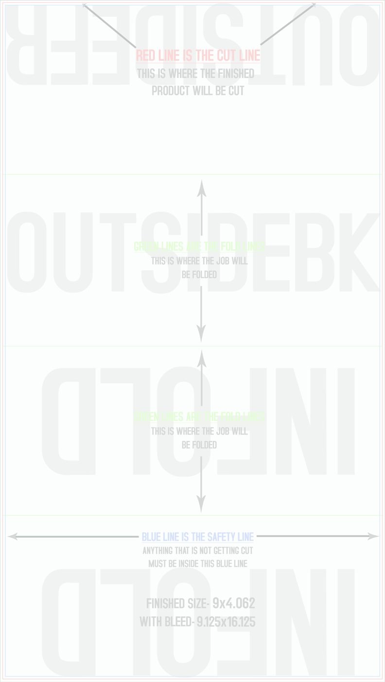 Flyers & Brochures 9" x 16" Roll Fold Front/Outside (Vertical) trim, safety and fold template guide
