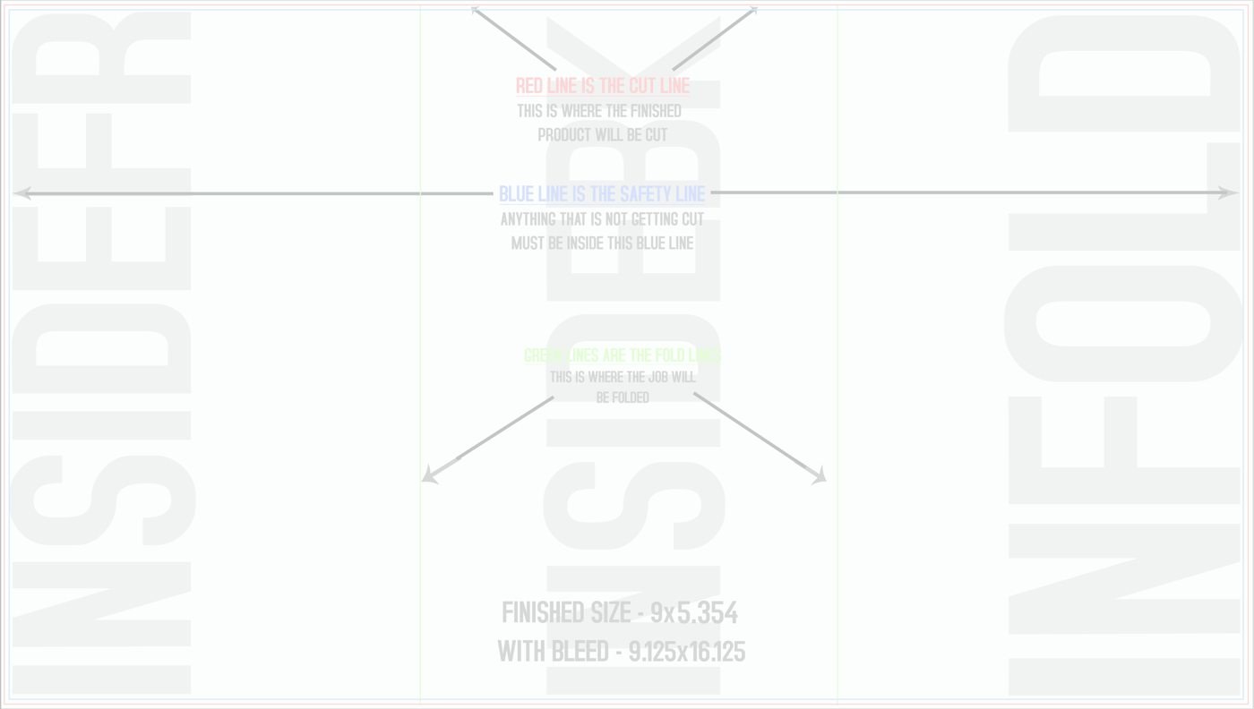 Flyers & Brochures 9" x 16" Tri Fold Back/Inside (Horizontal) trim, safety and fold template guide