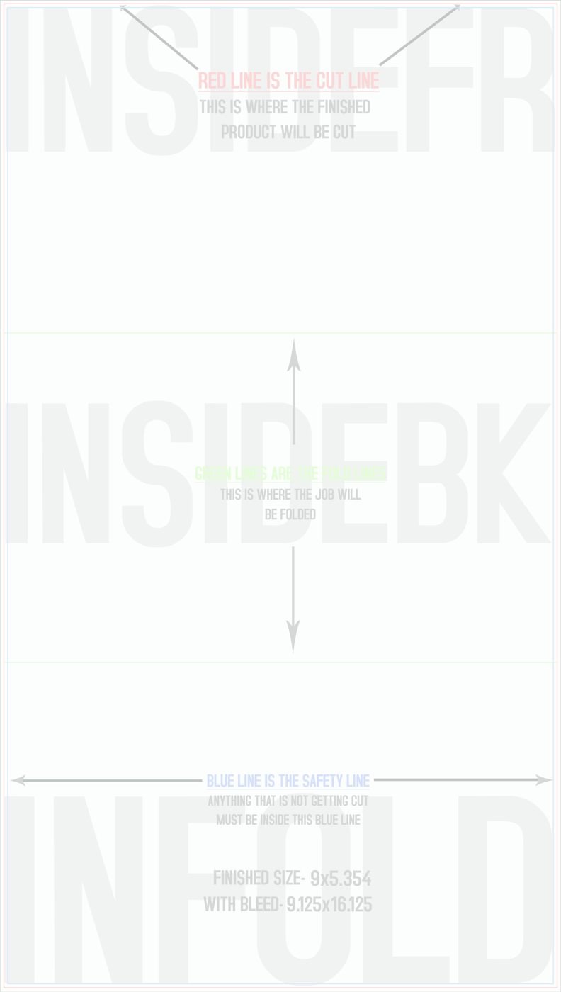 Flyers & Brochures 9" x 16" Tri Fold Back/Inside (Vertical) trim, safety and fold template guide