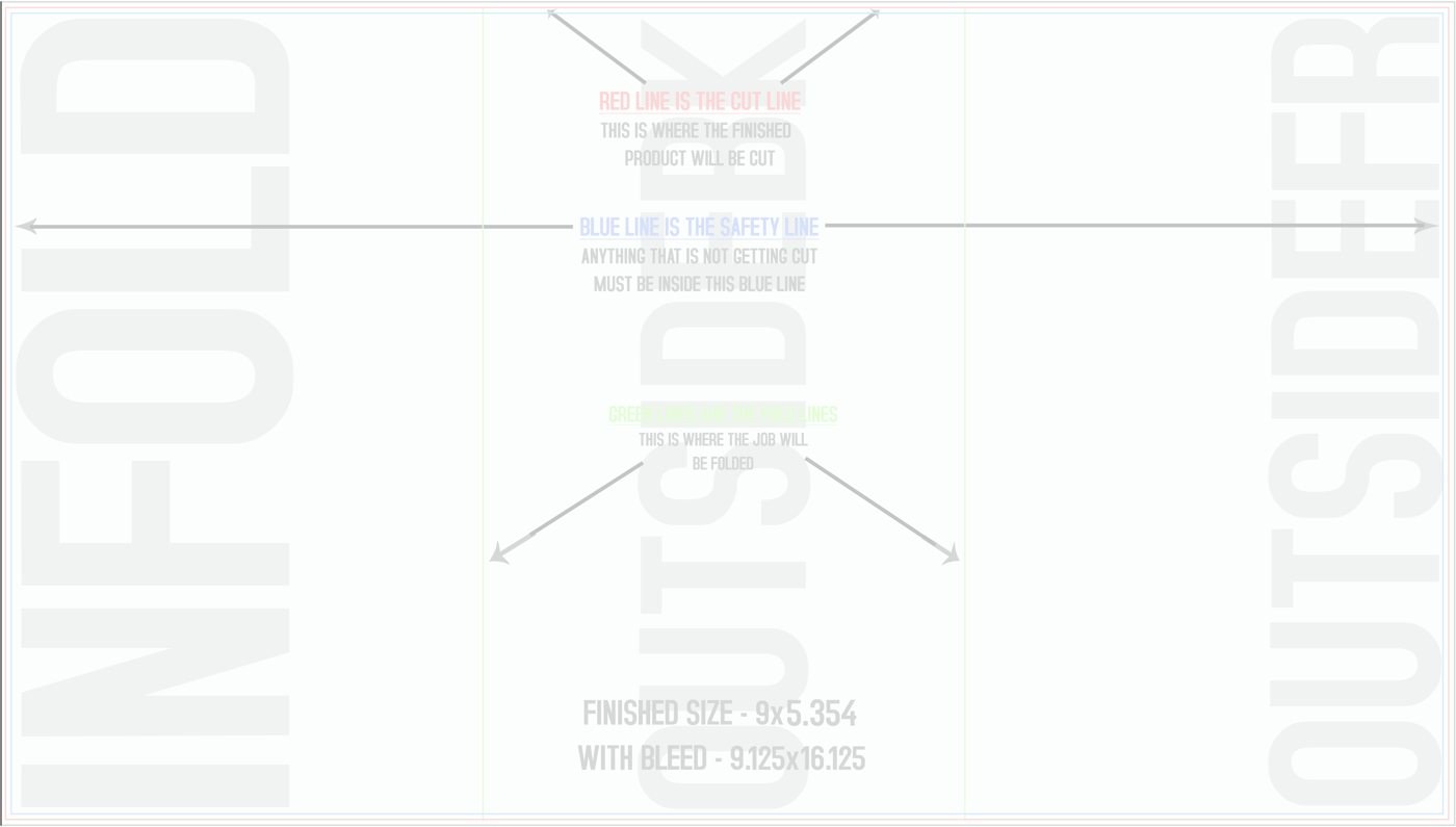 Flyers & Brochures 9" x 16" Tri Fold Front/Outside (Horizontal) trim, safety and fold template guide